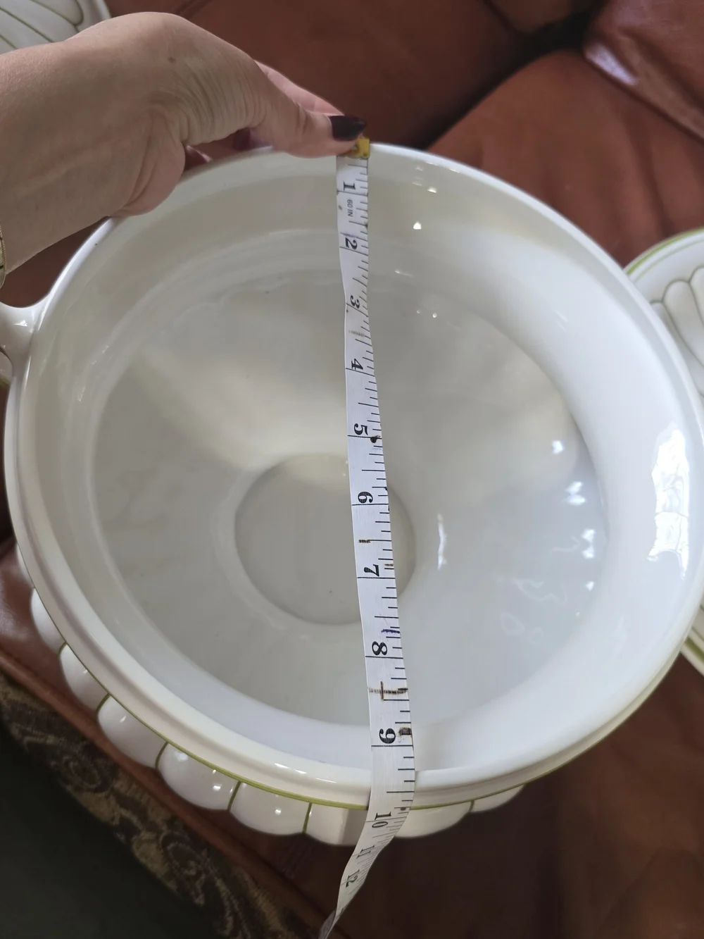 White and Olive Green Lidded Tureen with Underplate